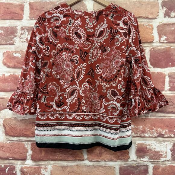 Ann Taylor Loft Top Women's S Rust Red Brown Multicolor Boho Floral Shirt - Picture 4 of 8